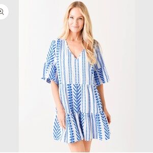 Velvet Women Dress Blue Madeline Cotton Gauze Mini V Neck Tiered Geo Boho Medium